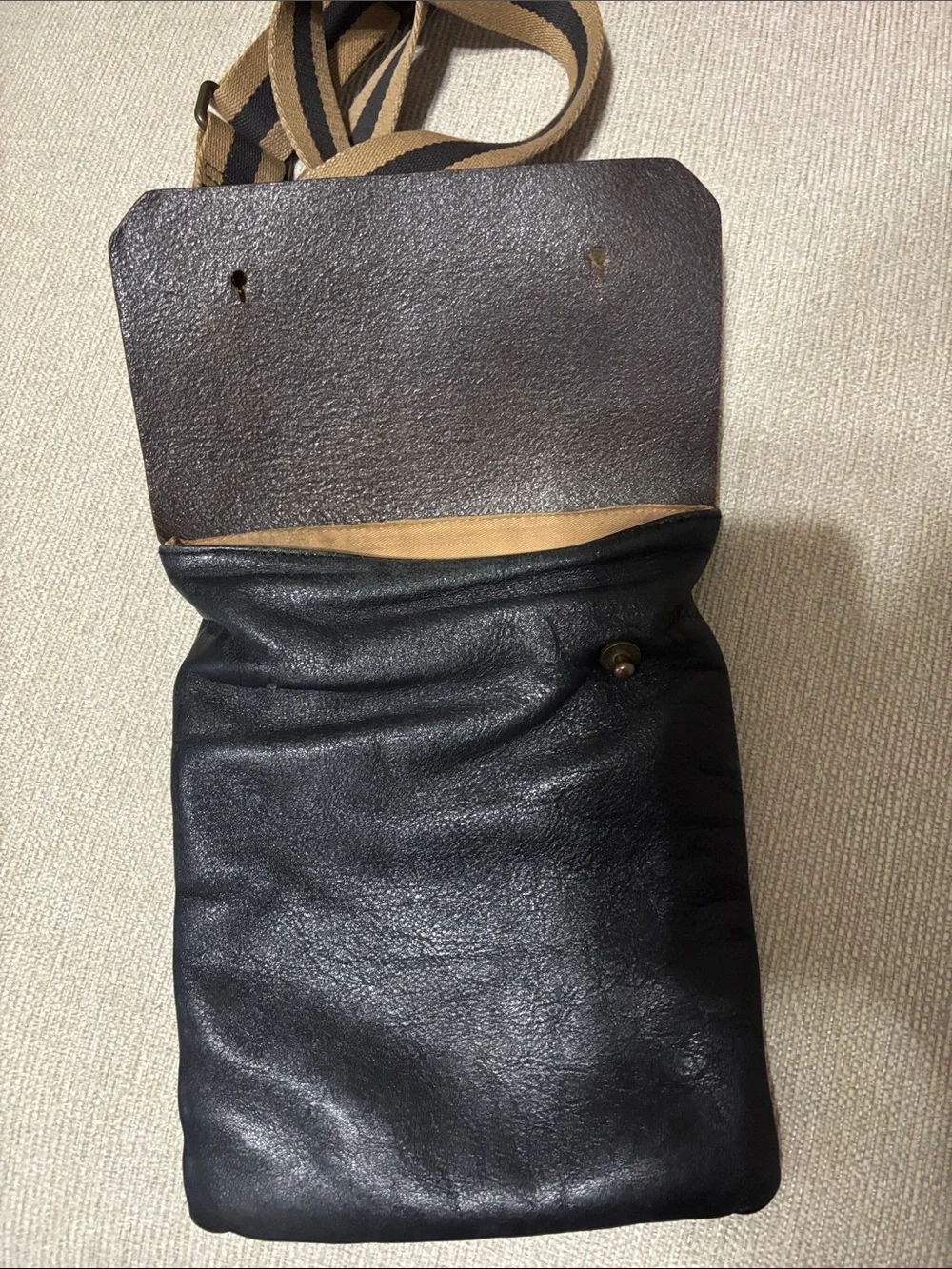Armani Exchange Black Leather Messenger Bag with Tan & Black Striped Strap